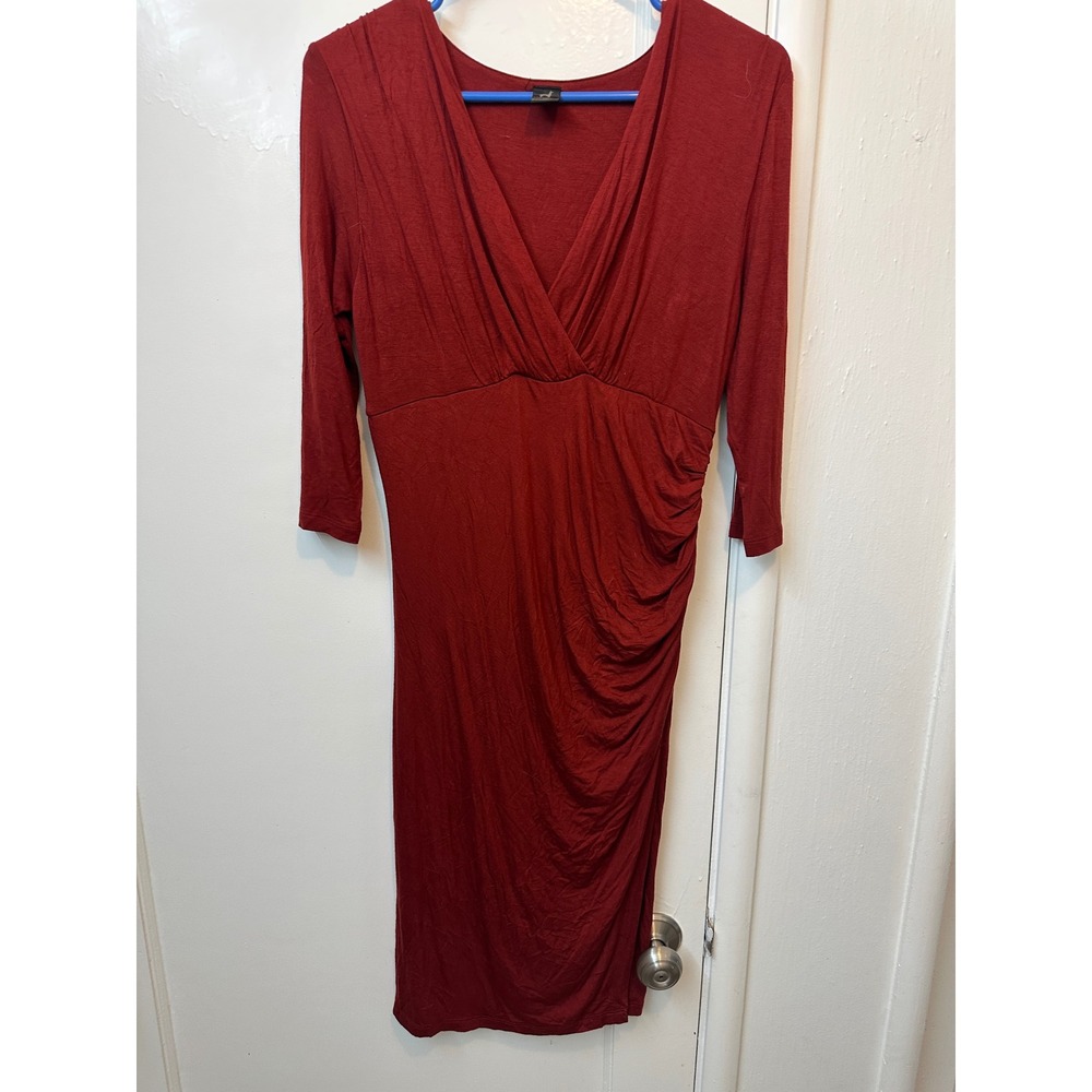 Peruvian Connection Womens XS Red Viscose Ruched Surplice V-Neck‎ Midi Dress